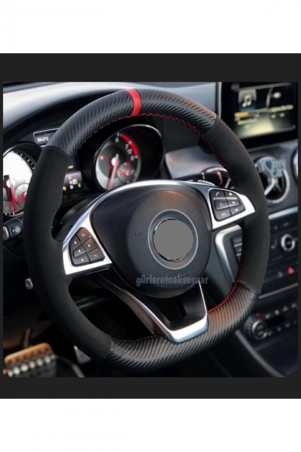 Audi A5 Uyumlu Dikmeli Direksiyon Kılıfı Alkantara Karbon Kırmızı Yüzüklü ürün görseli 1