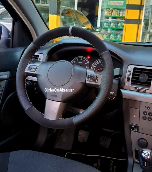 Chevrolet Lacetti Uyumlu Alkantra-Noktalı Yüzüklü Direksiyon Kılıf Gri İpli ürün görseli 1
