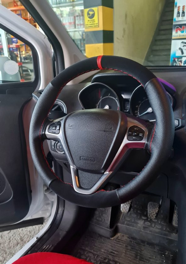 Opel İnsignia Uyumlu Kırmızı Yüzüklü Noktalı-Alkantara Deri Direksiyon Kılıfı ürün görseli 1