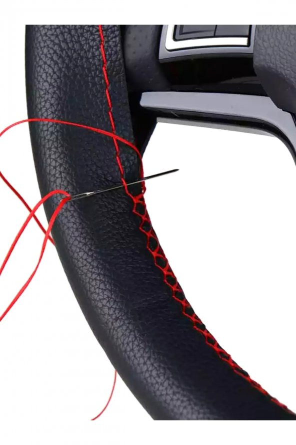 Universal Dikmeli Direksiyon Kılıfı Soft Siyah Deri-kırmızı Ipli (38cm-11cm) ürün görseli 1