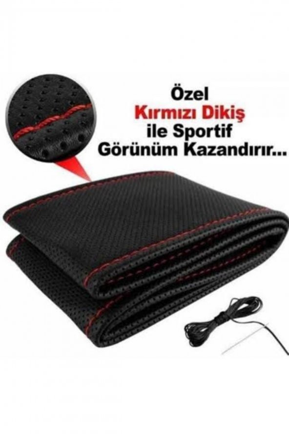 Renault Clio Symbol 2013+ Uyumlu Dikmeli Direksiyon Kılıfı Noktalı Kırmızı Ipli 11cm ürün görseli 1