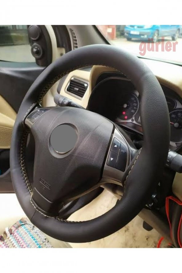 Fiat Fiorino Uyumlu Deri Dikmeli Direksiyon Kılıfı Siyah Deri Bej Ipli ürün görseli 1