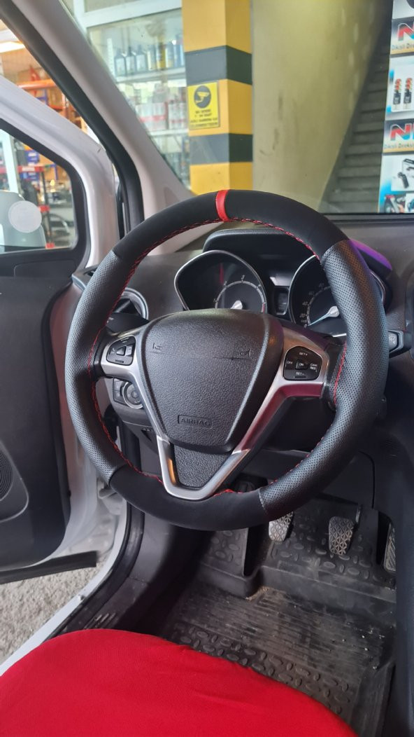 Opel Vectra B Kasa Uyumlu Deri Direksiyon Kılıfı Dikmeli Noktalı-Alkantara Kırmızı Yüzüklü ürün görseli 1