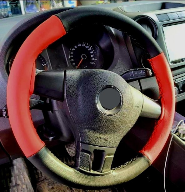 Vw Caddy Uyumlu Deri Direksiyon Kılıfı Iki Renkli Kırmızı-siyah ürün görseli 1