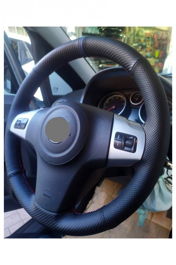Opel Corsa Uyumlu Dikmeli Direksiyon Kılıfı Noktalı Alkantara Mavi Yüzüklü ürün görseli 1