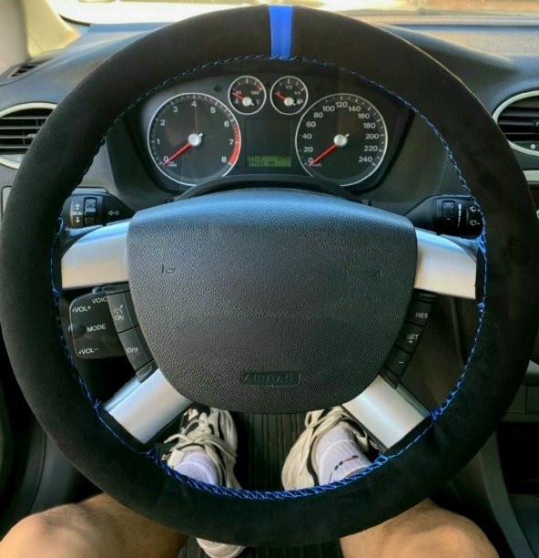 Ford Connect Uyumlu Dikmeli Direksiyon Kılıfı Alkantra Mavi Yüzüklü ürün görseli 1