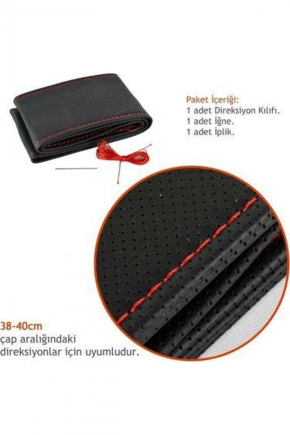 Universal Oto Dikmeli Direksiyon Kılıfı Noktalı Kırmızı Ipli 37-39cm Çap-10cm ürün görseli 1