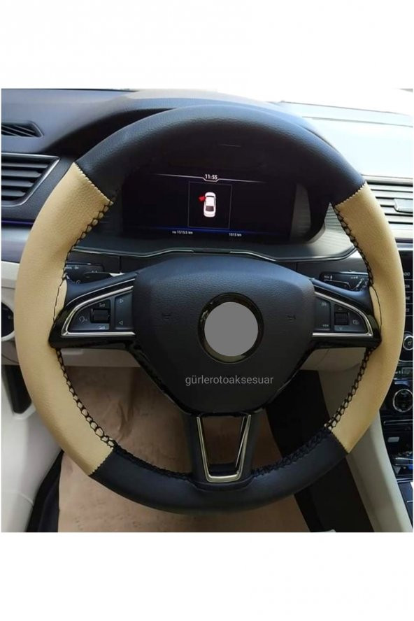 Skoda Octavia Uyumlu Direksiyon Kılıfı Dikmeli İki Renkli Bej Siyah ürün görseli 1
