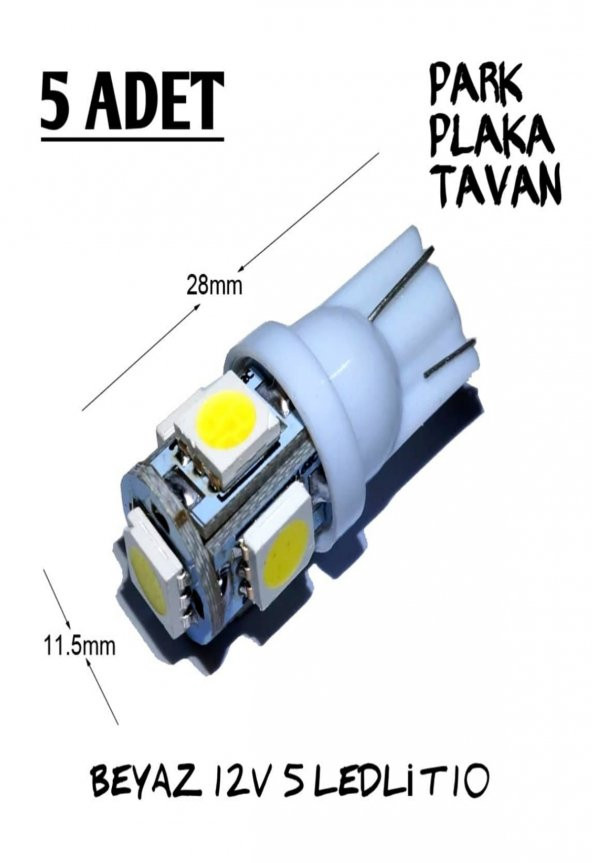 5 ADET T10 Led 12V beyaz renk park plaka tavan ampül ortam aydınlatma ürün görseli 1