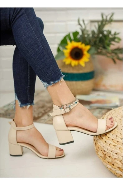 Moda Ayakkabı 0854 Cilt Krem 5Cm Topuklu Kadın Sandalet ürün görseli 1