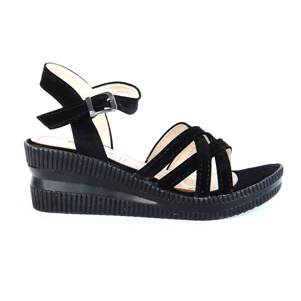 Moda Ayakkabı 0454 Cilt Siyah 7Cm Dolgu Topuk Kadın Sandalet ürün görseli 1