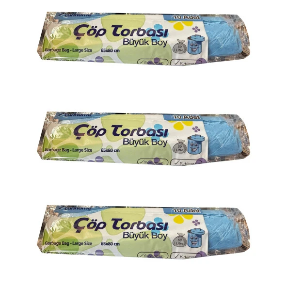 Canhome Mavi Büyük Boy Battal 65x80 Cm. 30 Litre Çöp Torbası Poşeti - 10 Adetlik 3 Rulo ürün görseli 1