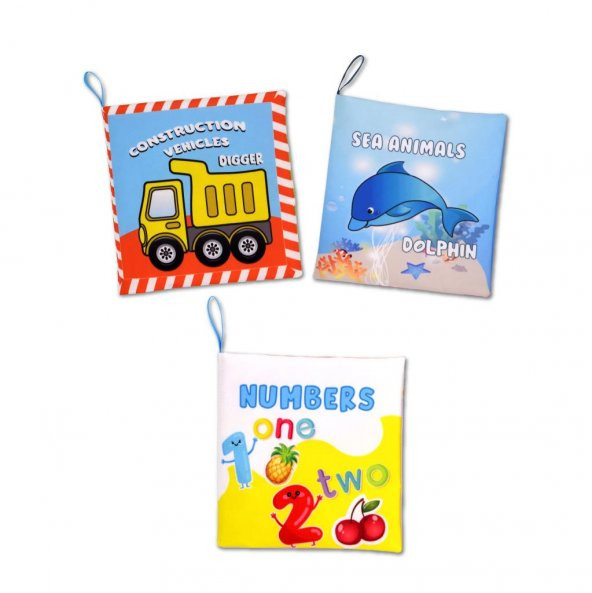 3 Kitapİngilizce Rakamlar , İş Makinaları ve Deniz Canlıları Kumaş Sessiz Kitap E118 E122 E128 - Bez Kitap ürün görseli 1