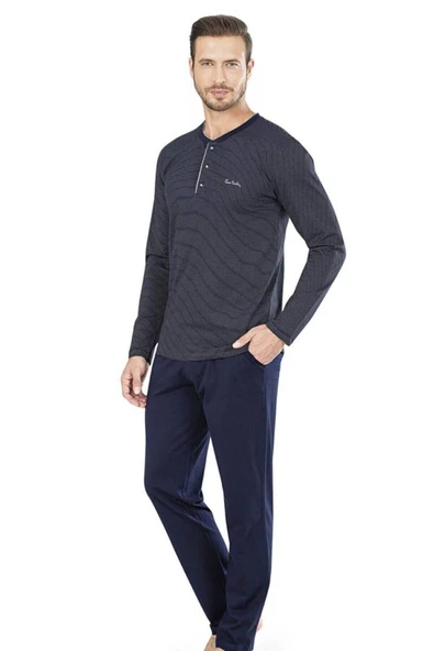 Erkek Penye Çizgili Pijama Lacivert ürün görseli 1