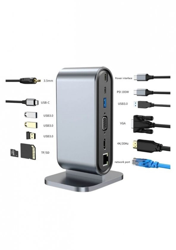 Type-C to Hdmi 4K30Hz, VGA 4xUSB3.0, RJ45 Ethernet, Kart Okuyucu, PD 100W, 3.5mm Ses Çevirici ürün görseli 1