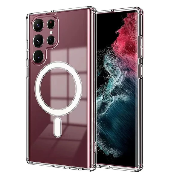 Zore Galaxy ile uyumlu S23 Ultra Kılıf M-safe Şarj Özellikli Şeffaf Sert PC Embos Kapak ürün görseli 1