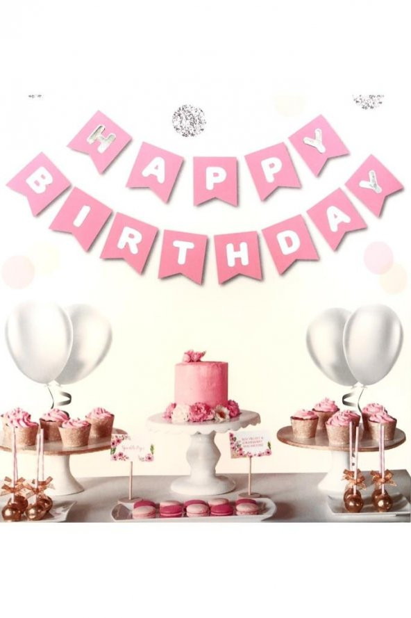 Beysüs Pembe Üstüne Gümüş Gri Yaldızlı Happy Birthday Yazılı Doğum Günü Partisi Karton Ipli Yazı Banner ürün görseli 1