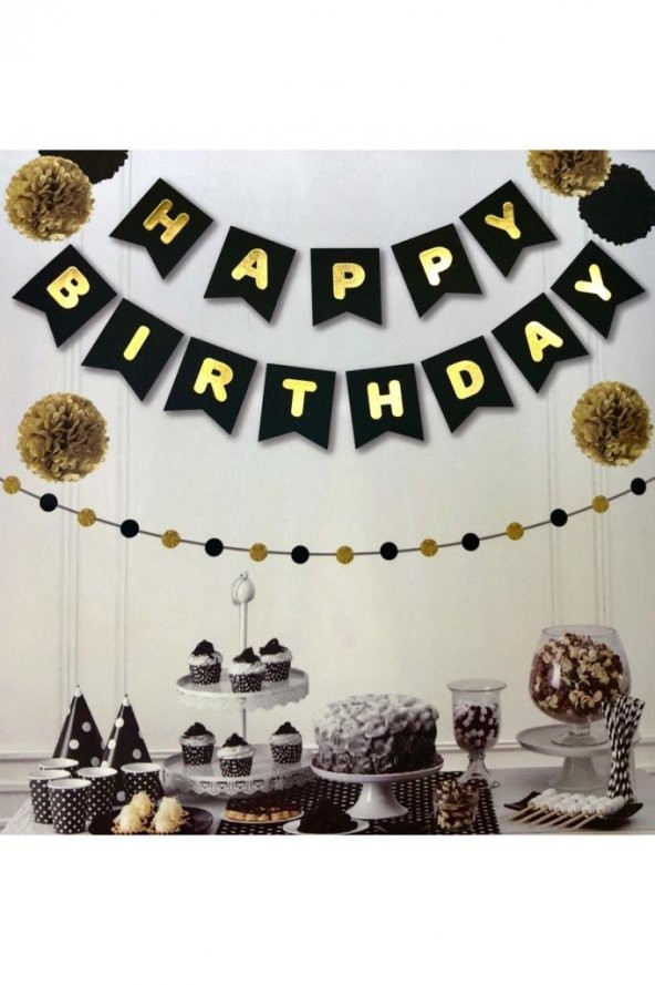 Beysüs Siyah Üstüne Gold Altın Sarısı Yaldızlı Happy Birthday Yazılı Doğum Günü Partisi Karton Yazı Banner ürün görseli 1
