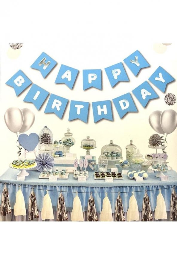 Beysüs Mavi Üstüne Gümüş Gri Yaldızlı Happy Birthday Yazılı Doğum Günü Partisi Karton ürün görseli 1