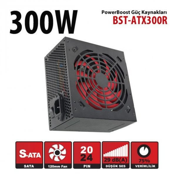 PowerBoost  BST-ATX300R 300w, PPFC 12cm Kirmizi Fanli ATX PSU Retail Box ürün görseli 1