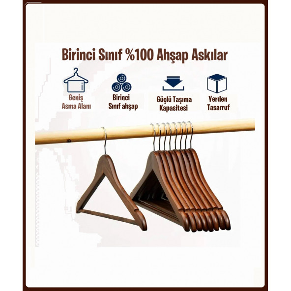 Ahşap Askı, 44 cm Ceviz Renk / 5 Adet - Resim 3