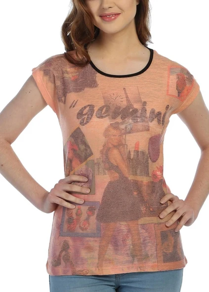 3012 - Somon Bayan Baskılı,Renkli T-Shirt ürün görseli 1