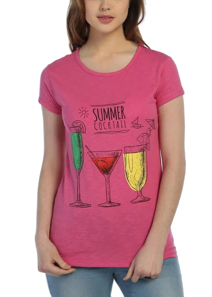 3023 - Pembe Bayan Summer Kokteyl Desenli Baskılı T-Shirt ürün görseli 1