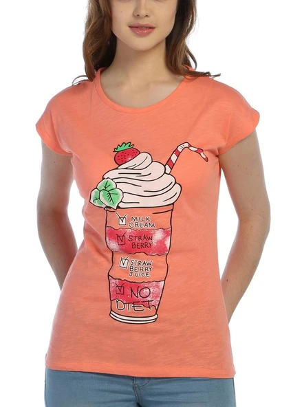 3021 - Turuncu Bayan Milkshake Desenli Baskılı T-Shirt ürün görseli 1