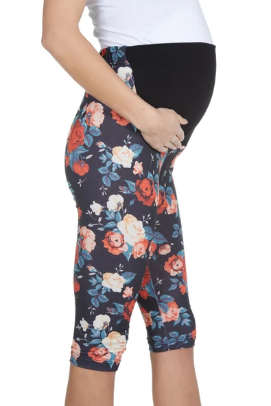LuvmaBelly  Maternity 8018 - Pamuklu Göbek Destekli Çiçekli Kapri Hamile Tayt ürün görseli 1
