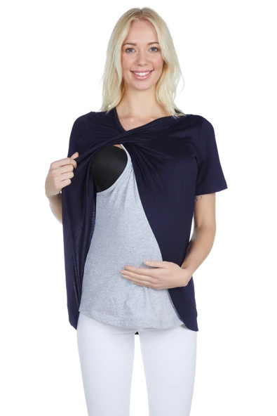 LuvmaBelly 3503 Lacivert Pamuklu Viskon Lohusa Emzirme Bluz ürün görseli 1