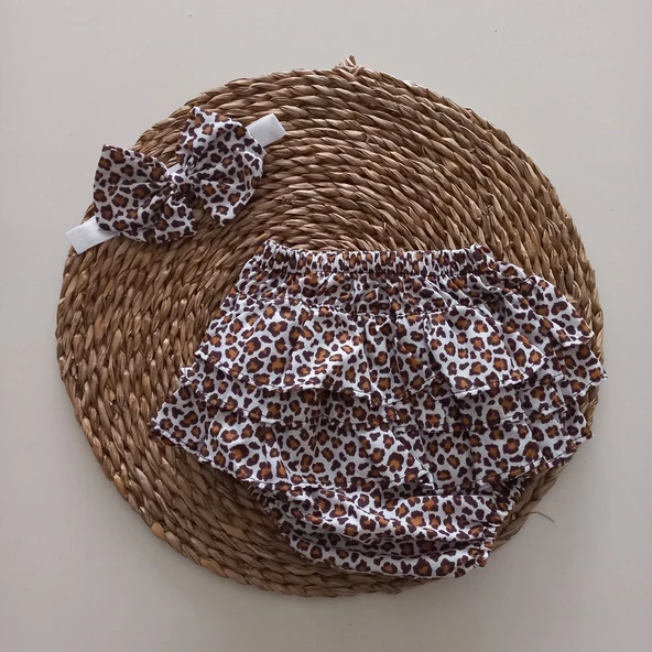 MARS BABY Kız Bebek Leopar Fırfır Şort Etek ve Bandana Takımı ürün görseli 1