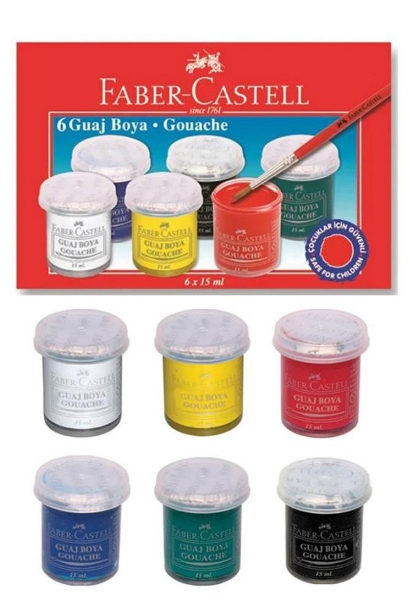 Guaj Boya 6 Renk x 15 Ml Su Bazlı Şişe 1 Paket Faber Guaj Boya Seti Şişe İçerisinde 6 lı Okul Hobi ürün görseli 1
