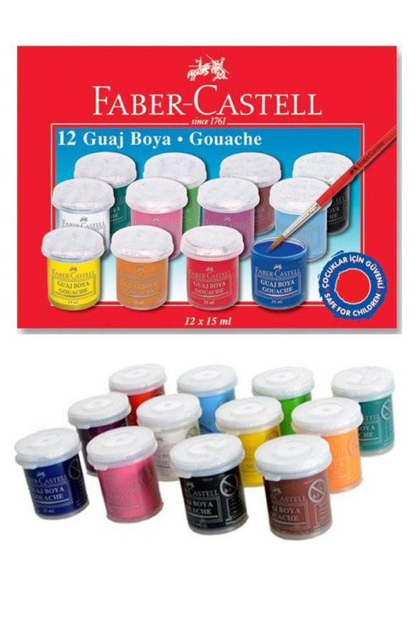Guaj Boya 12 Renk x 15 Ml Su Bazlı Şişe 1 Paket Faber Guaj Boya Seti Şişe İçerisinde 12 li Okul Hobi ürün görseli 1