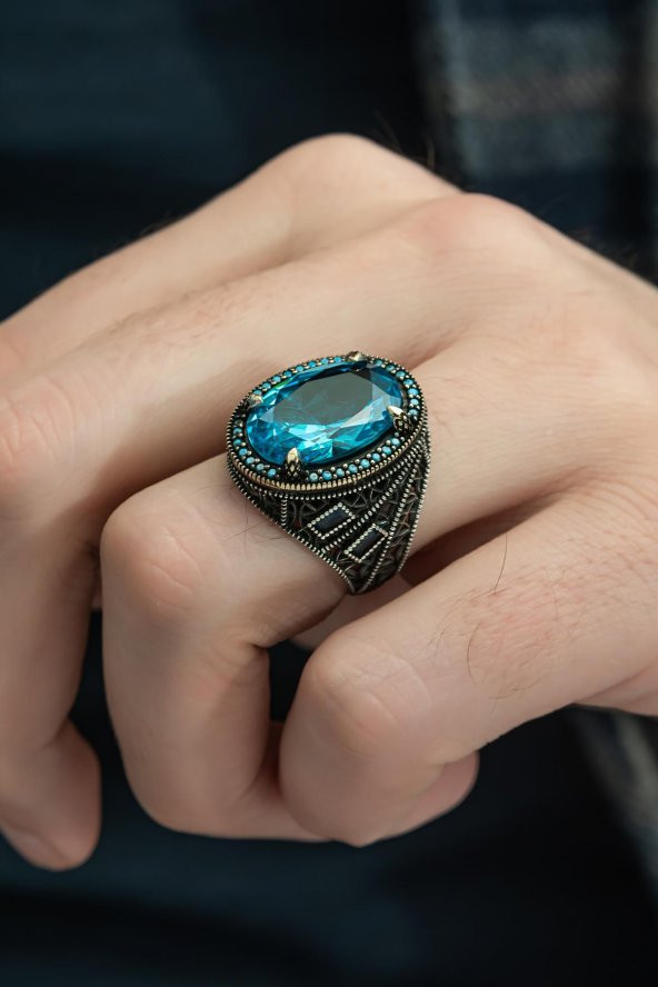 Oval Aqua Mavi Taşlı 925 Gümüş Erkek Yüzük ürün görseli 1