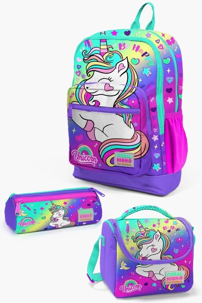 Coral High Kids Lavanta Su Yeşili Unicorn Desenli 3'lü Okul Çanta Seti - Kız Çocuk ürün görseli 1