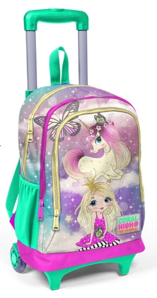 Coral High Işıklı Tekerlekli Unicorn ve Kız Çekçek Okul ve Seyahat Çantası Kız Çocuk Su Yeşili Pembe ürün görseli 1