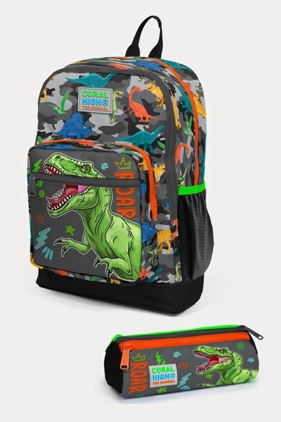 Coral High Kids Siyah Gri Dinozor Desenli 2'li Okul Çanta Seti - Erkek Çocuk ürün görseli 1