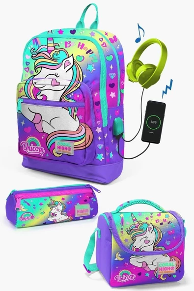 Coral High Kids Lavanta Su Yeşili Unicorn Desenli USB'li 3'lü Okul Çanta Seti - Kız Çocuk ürün görseli 1