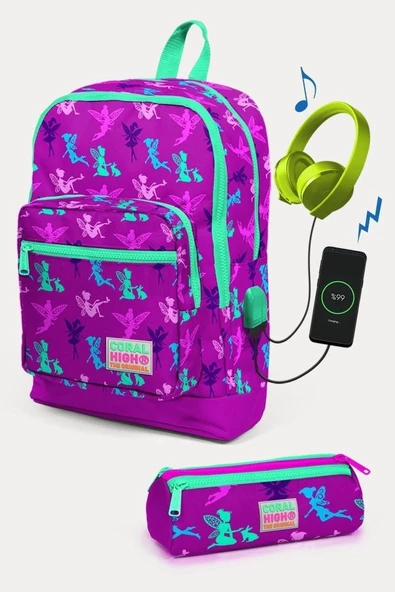 Coral High Kids Koyu Pembe Su Yeşili Peri Desenli USB'li 2'li Okul Çanta Seti - Kız Çocuk ürün görseli 1