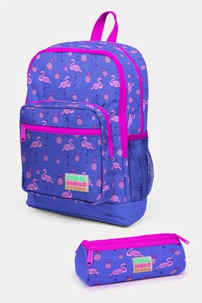 Coral High Kids 2'li Okul Çanta Seti - Kız Çocuk Lavanta Pembe Flamingo Desenli ürün görseli 1