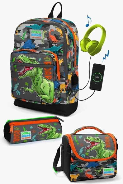 Coral High Kids Siyah Gri Dinozor Desenli USB'li 3'lü Okul Çanta Seti - Erkek Çocuk ürün görseli 1