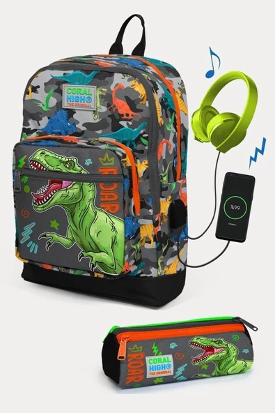 Coral High Kids Siyah Gri Dinozor Desenli USB'li 2'li Okul Çanta Seti - Erkek Çocuk ürün görseli 1