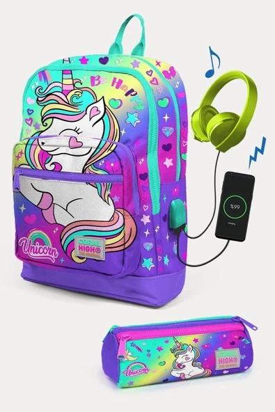 Coral High Kids Lavanta Su Yeşili Unicorn Desenli USB'li 2'li Okul Çanta Seti - Kız Çocuk ürün görseli 1