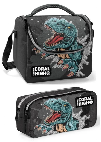 Coral High Gri Dinazor Erkek Çocuk Beslenme Çantası Seti ürün görseli 1