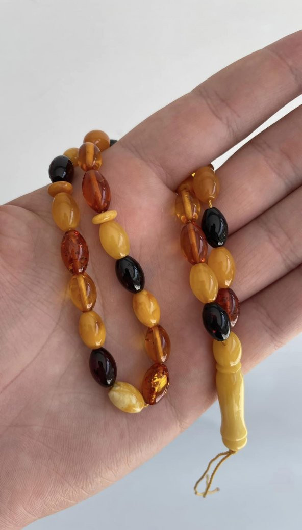 Renk Karması Doğal Kaya Damla Kehribar Tesbih 33lük 11,7x7,5mm 13,80 Gram ürün görseli 1
