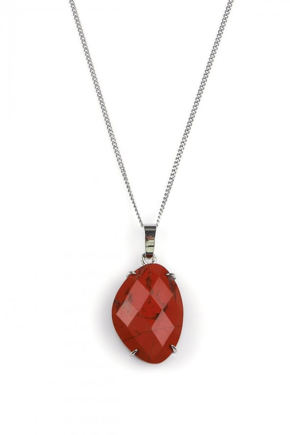 Red Jasper Doğal Taş Gümüş Renkli Kolye ürün görseli 1