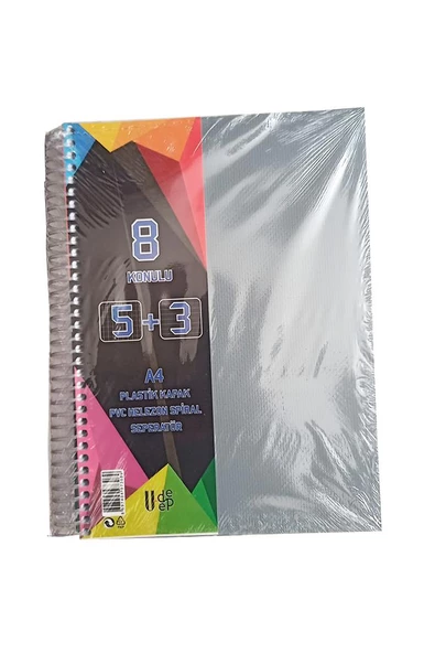5+3 Ayraçlı Defter 8 Konulu 200 Yaprak 1 Adet 5 Kareli 3 Çizgili Spralli Plastik Kapak Seperatörlü ürün görseli 1