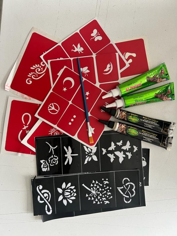 4 Tüp Siyah ve Kırmızı kına 30 Şablon ve Fırça Hediyeli Geçici Dövme Seti ürün görseli 1