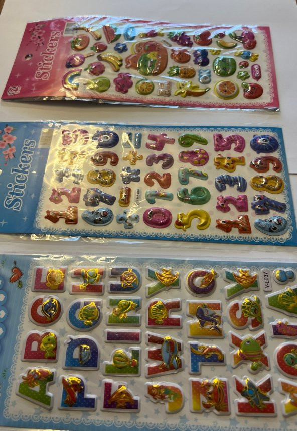 Eğitici Çocuk Sticker Etiket Oyunu 3 Kartela Birden Alfabe Rakam ve Meyveler ürün görseli 1