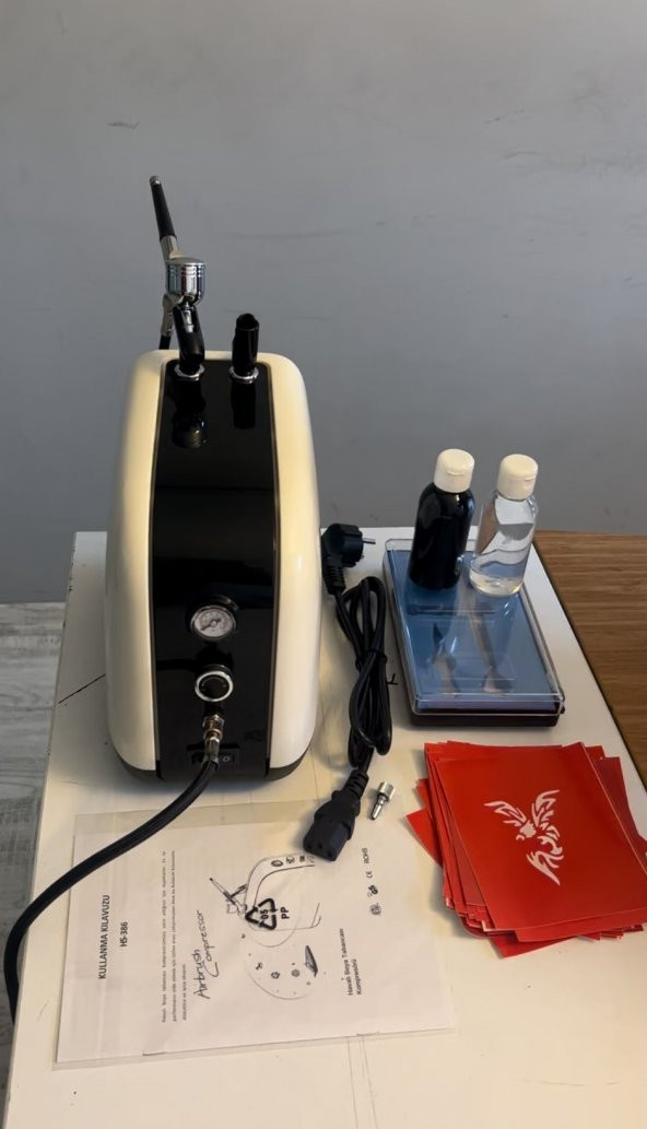 Profesyonel Airbrush Kompresör Geçici Dövme Seti Boya ve Desen Hediyeli ürün görseli 1